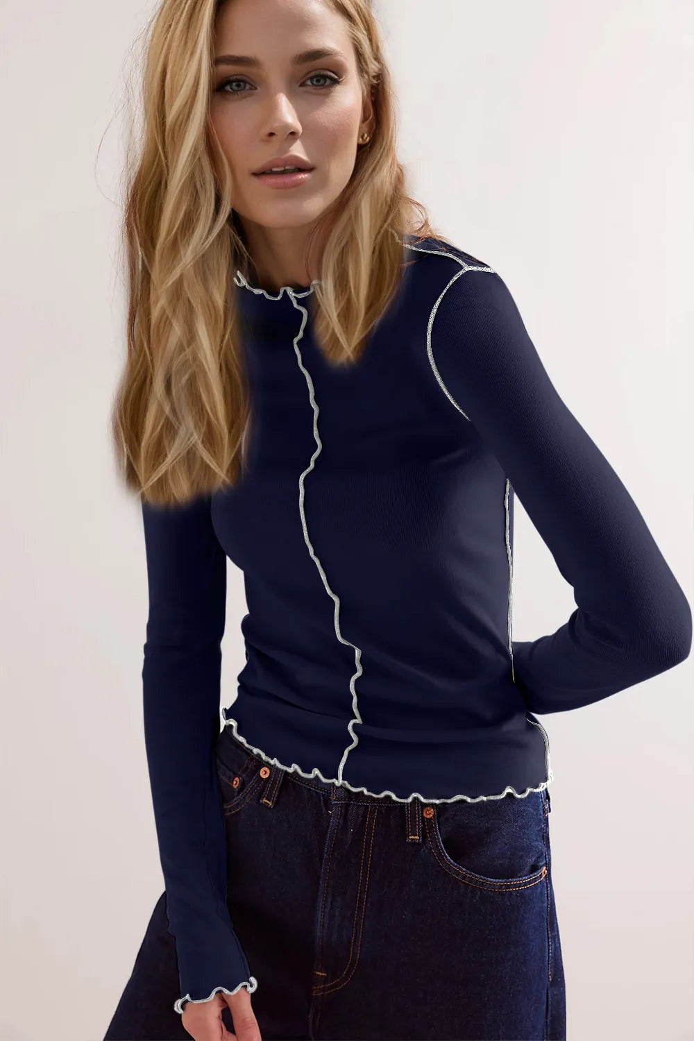 Lettuce Trim Mock Neck Long Sleeve Top
