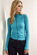 Lettuce Trim Mock Neck Long Sleeve Top