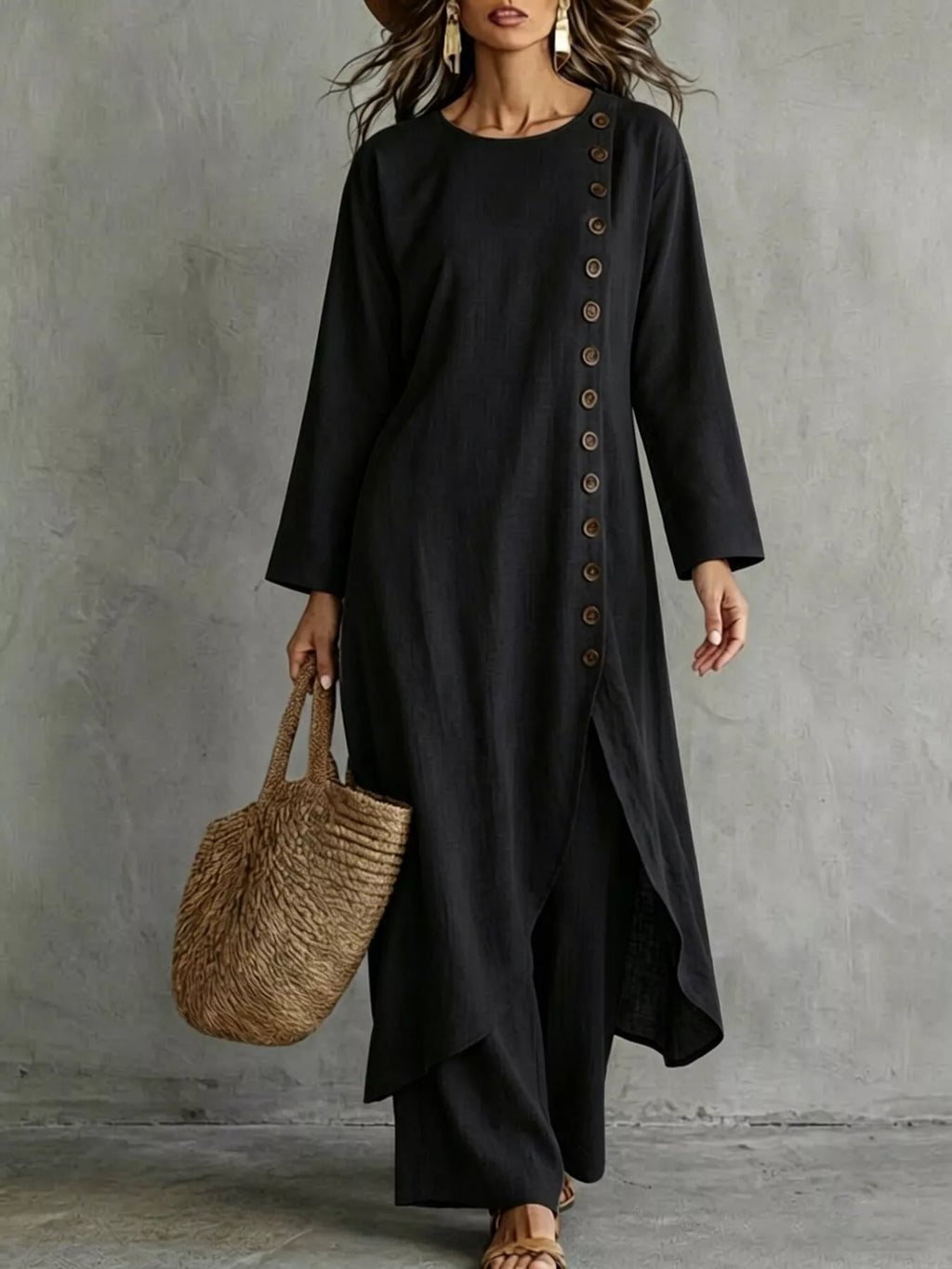 Side-Button Longline Top & Pants Set