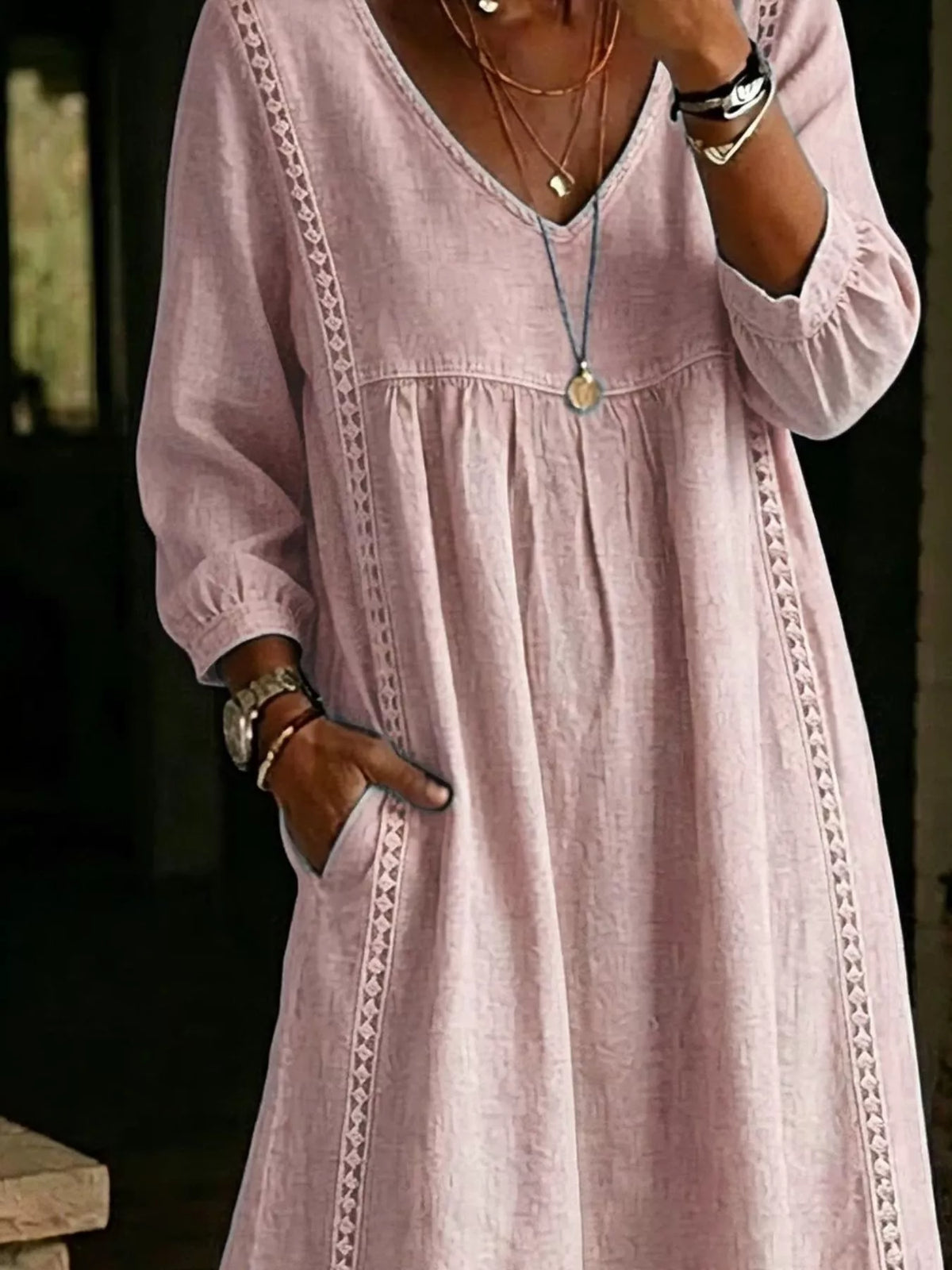 Lace Trim Long Sleeve Midi Dress