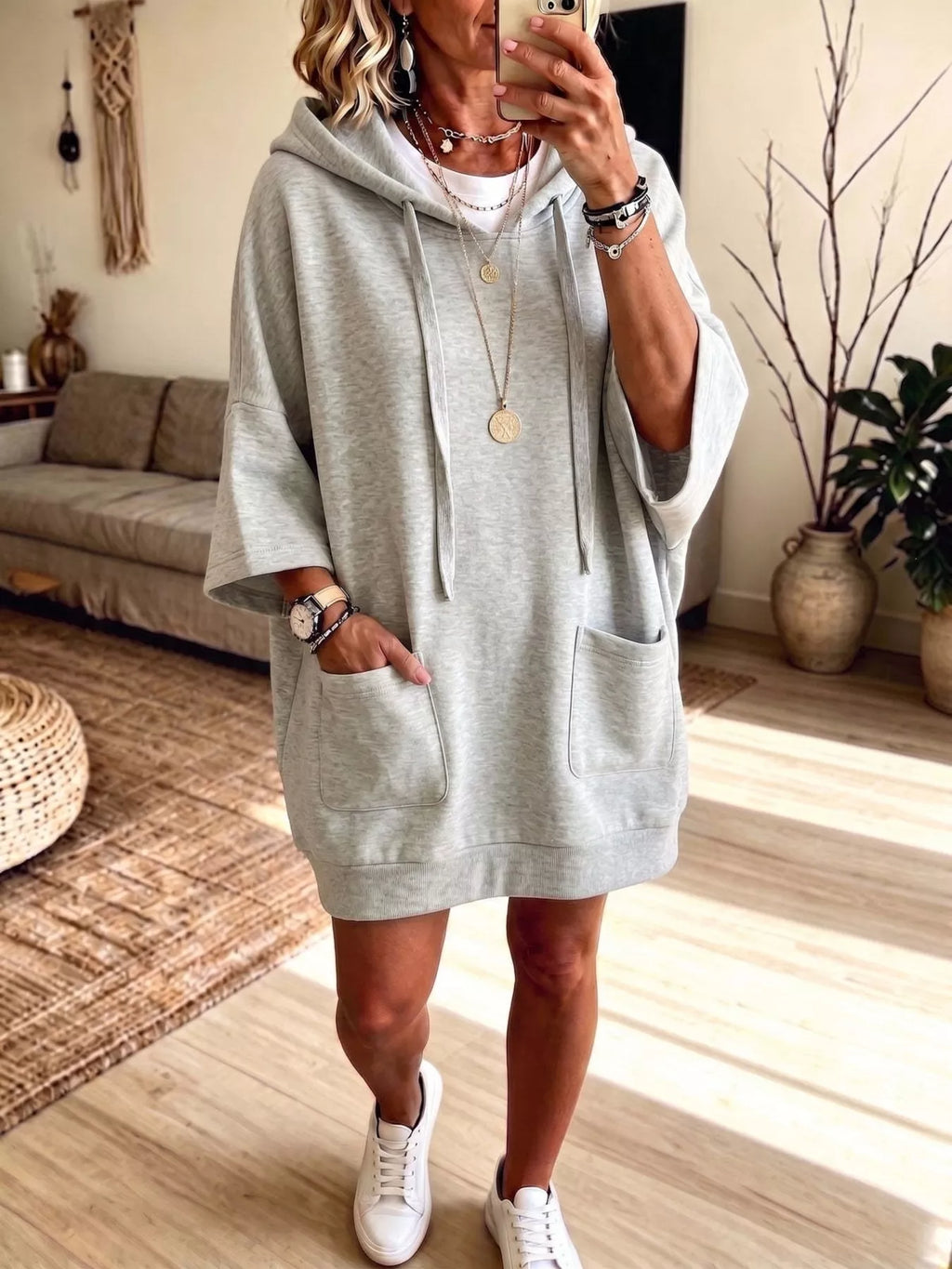 Drawstring Hoodie Dress with Pockets