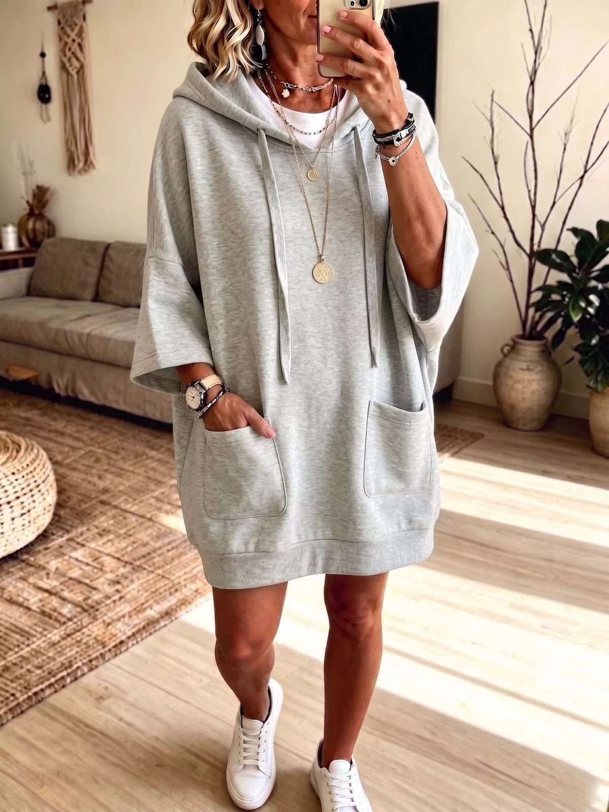 Drawstring Hoodie Dress with Pockets