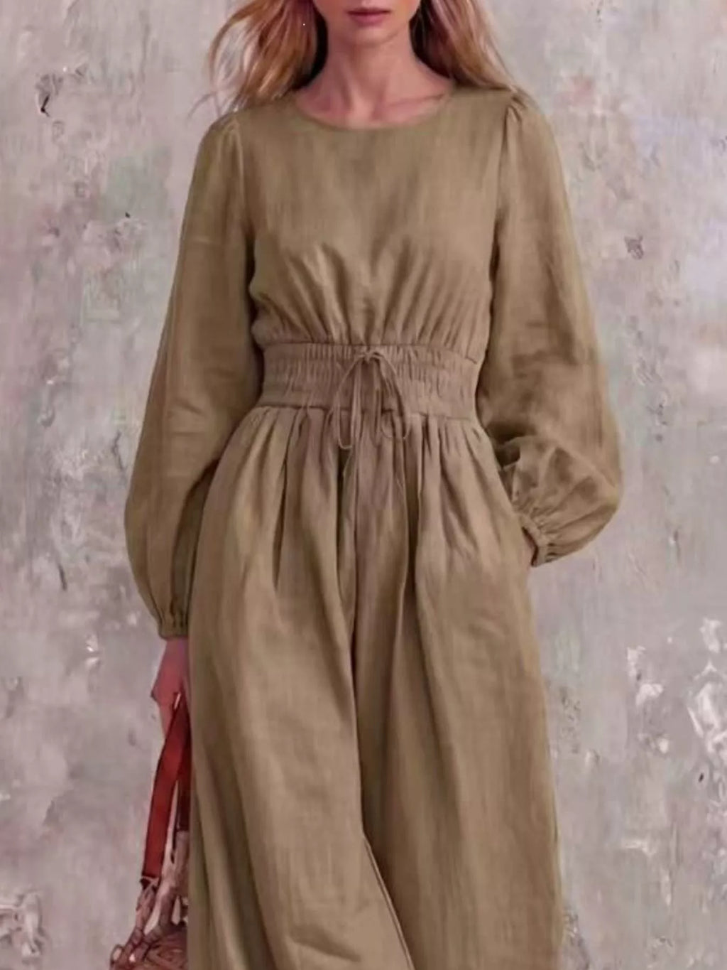 Smocked Waist Long Sleeve Jumpsuit