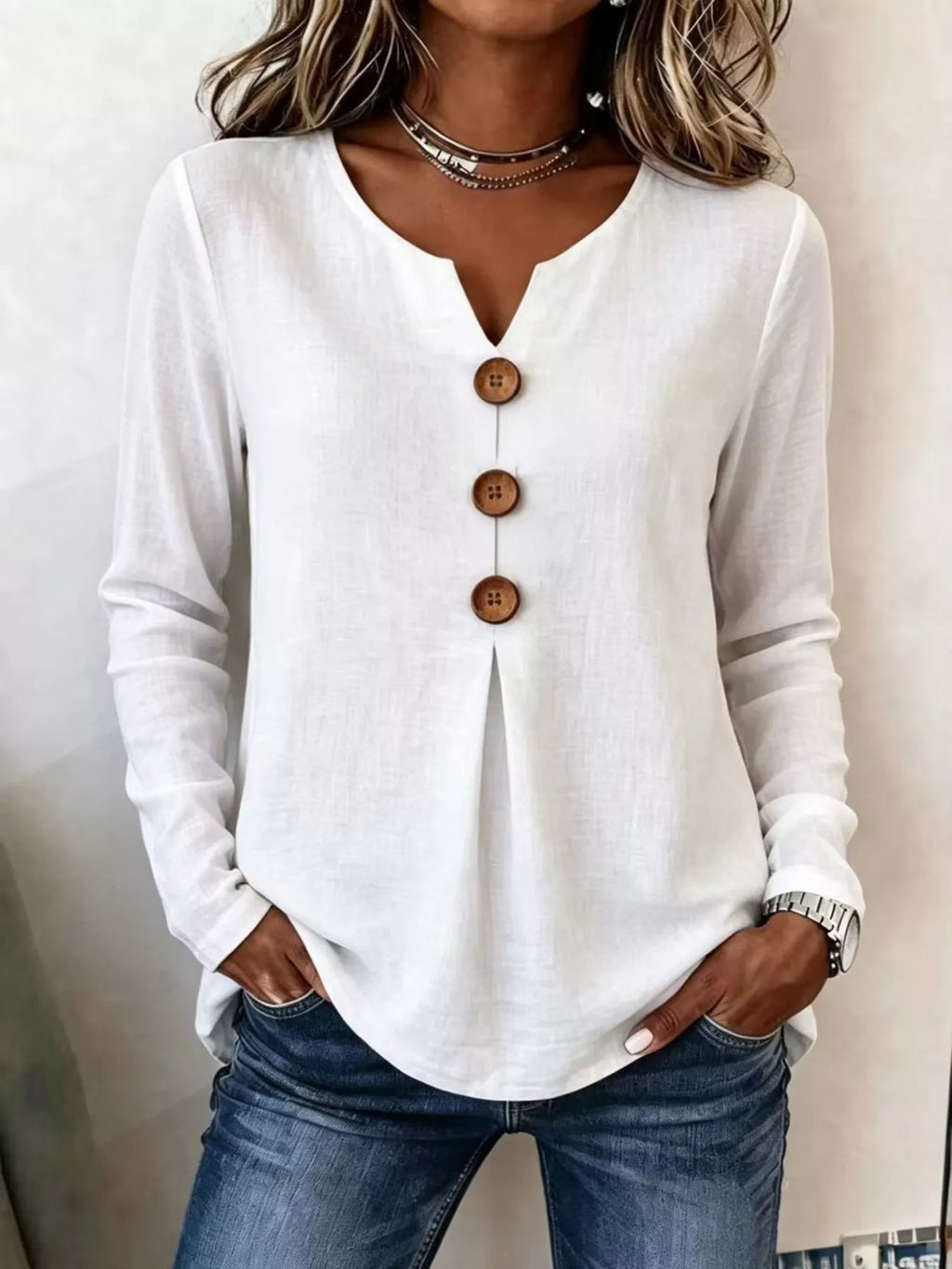 Decorative Button Long Sleeve Blouse