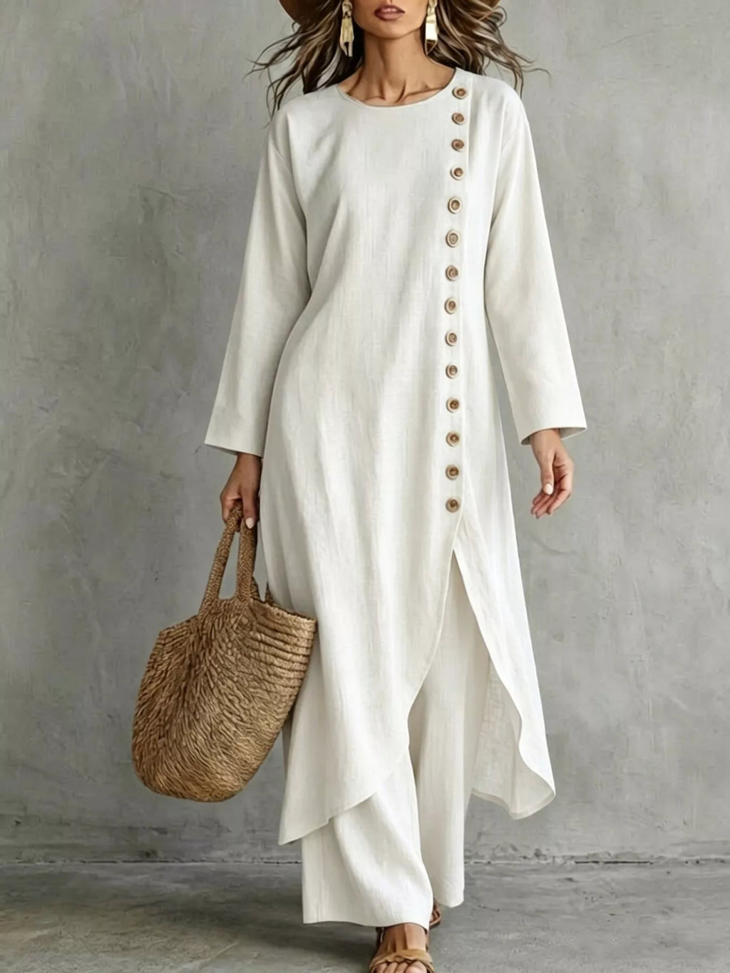 Side-Button Longline Top & Pants Set