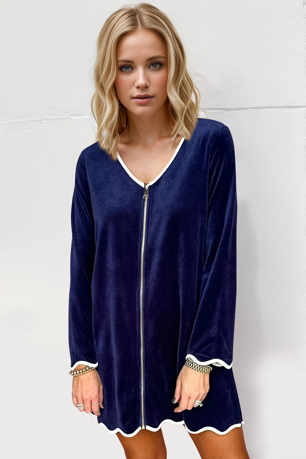 Wave Trim Zip-Up Mini Dress