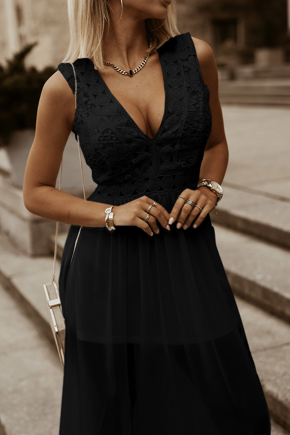 Slit Lace Detail V-Neck Dress 