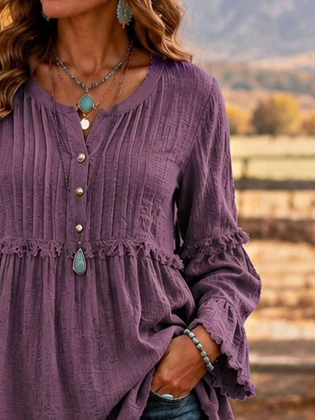 Fringe Trim Ruffle Sleeve Blouse