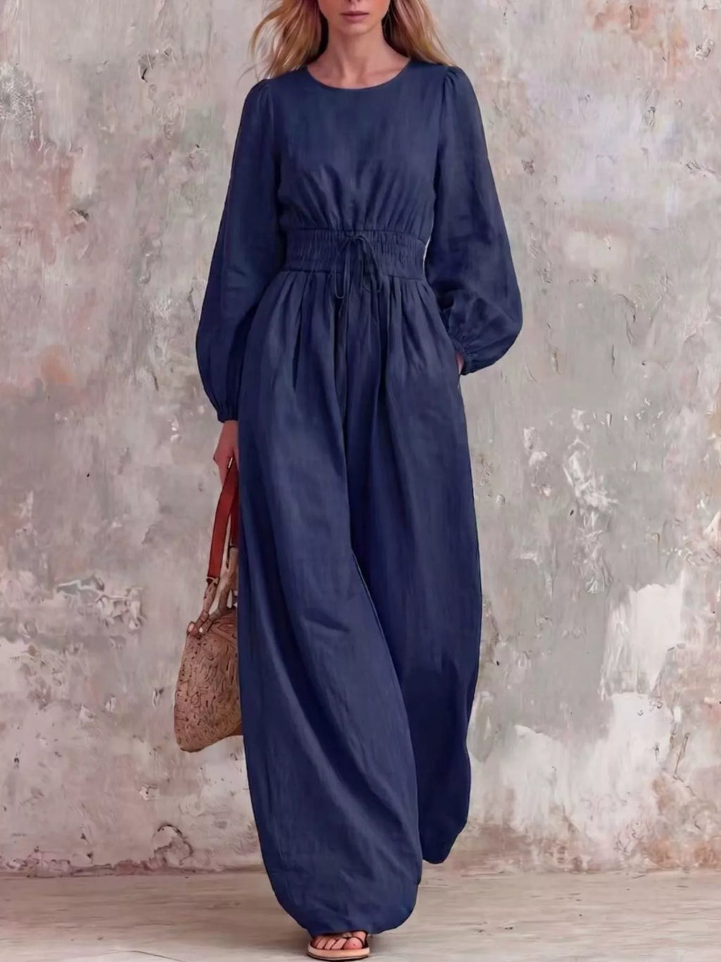 Smocked Waist Long Sleeve Jumpsuit
