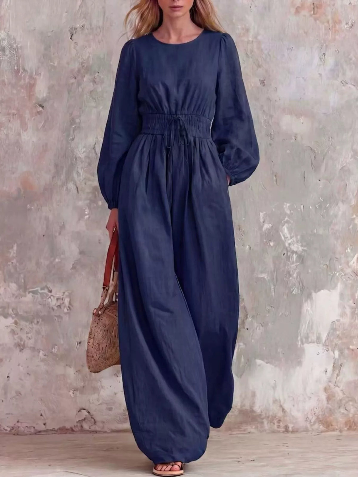 Smocked Waist Long Sleeve Jumpsuit