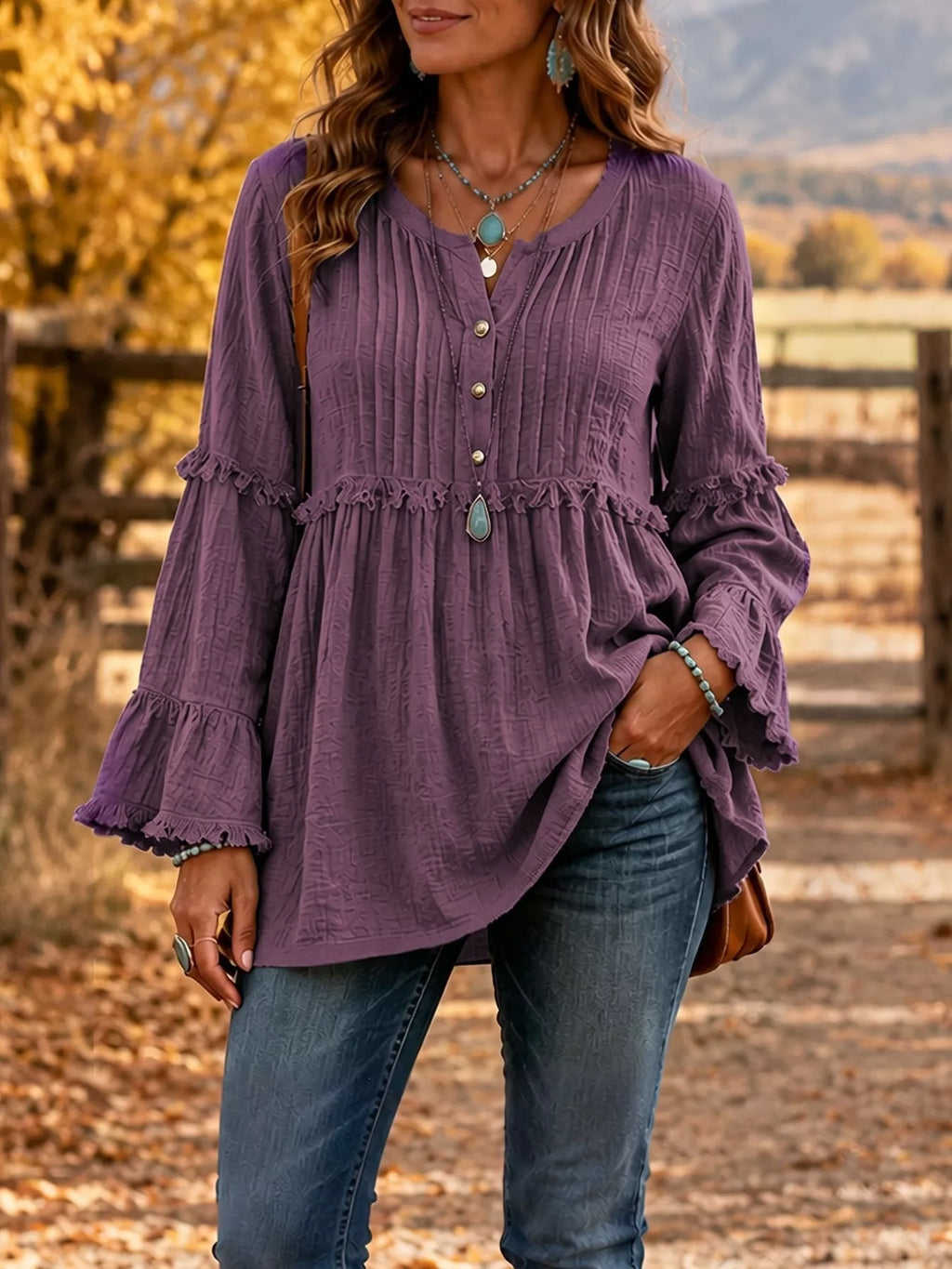 Fringe Trim Ruffle Sleeve Blouse