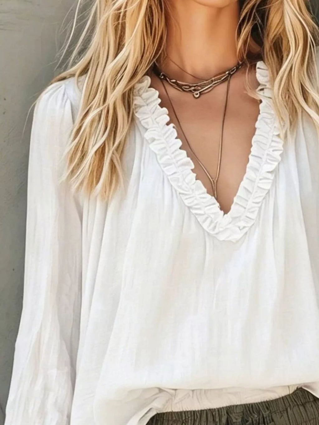 Frill V-Neck Long Sleeve Blouse
