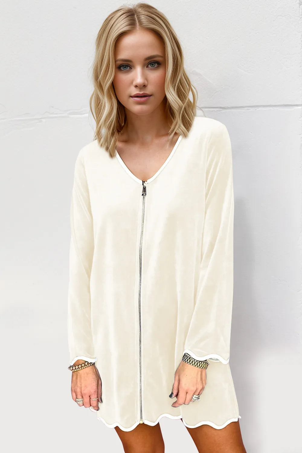 Wave Trim Zip-Up Mini Dress