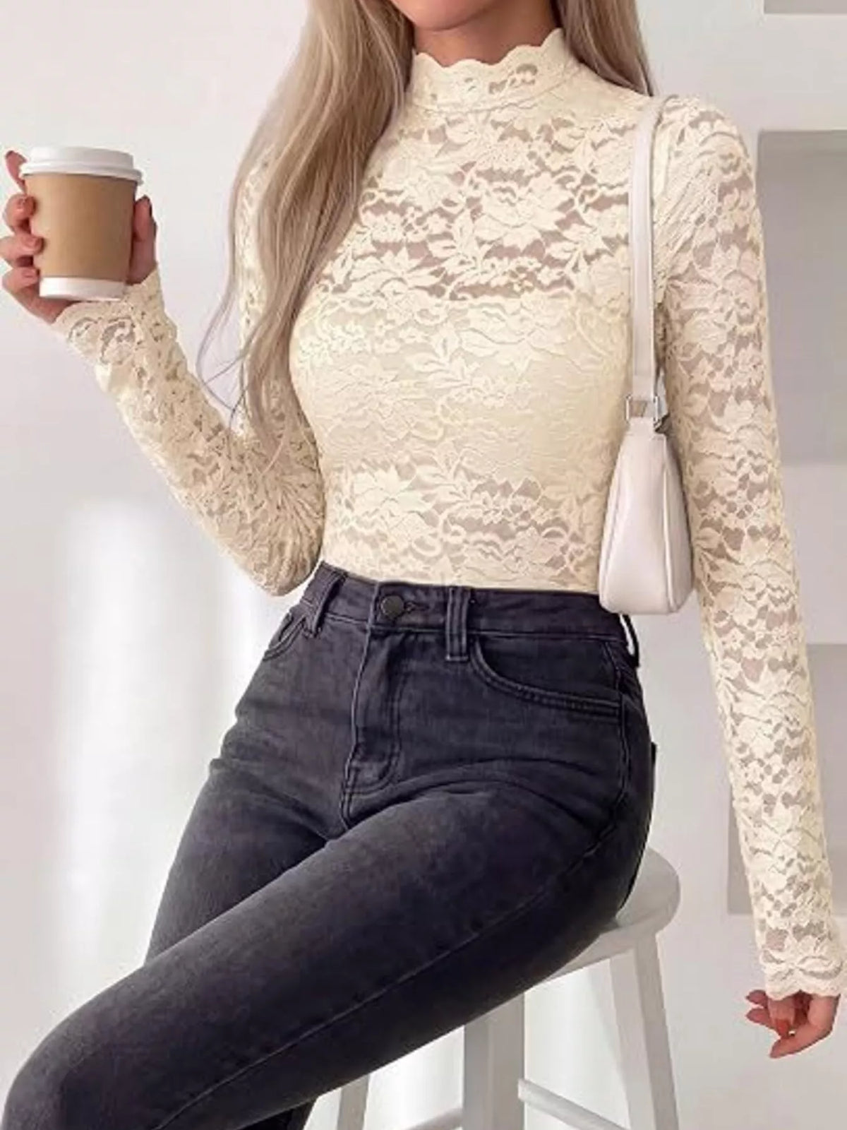Mock Neck Floral Lace Blouse