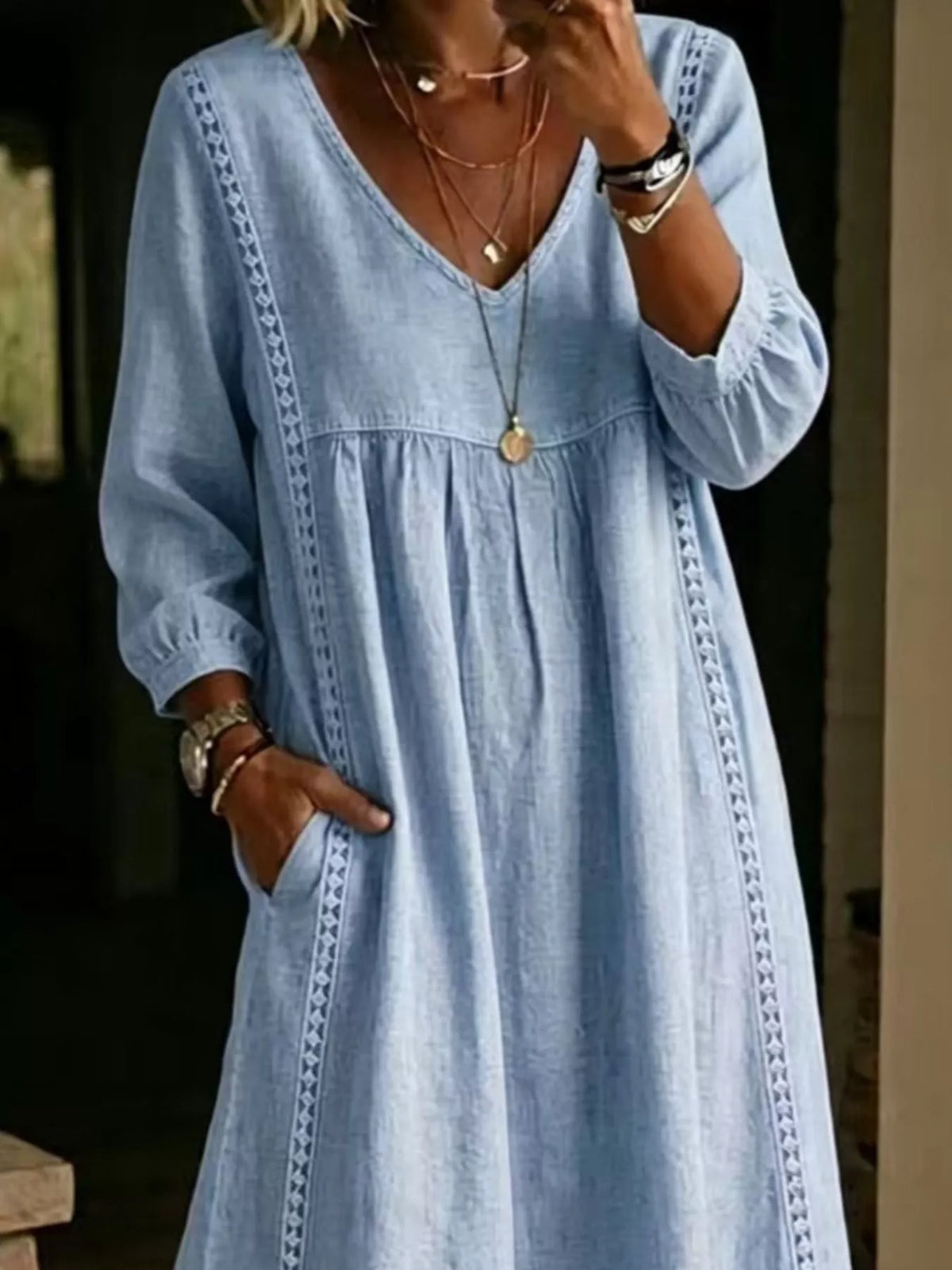 Lace Trim Long Sleeve Midi Dress