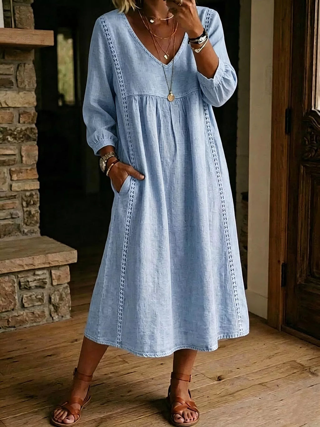 Lace Trim Long Sleeve Midi Dress