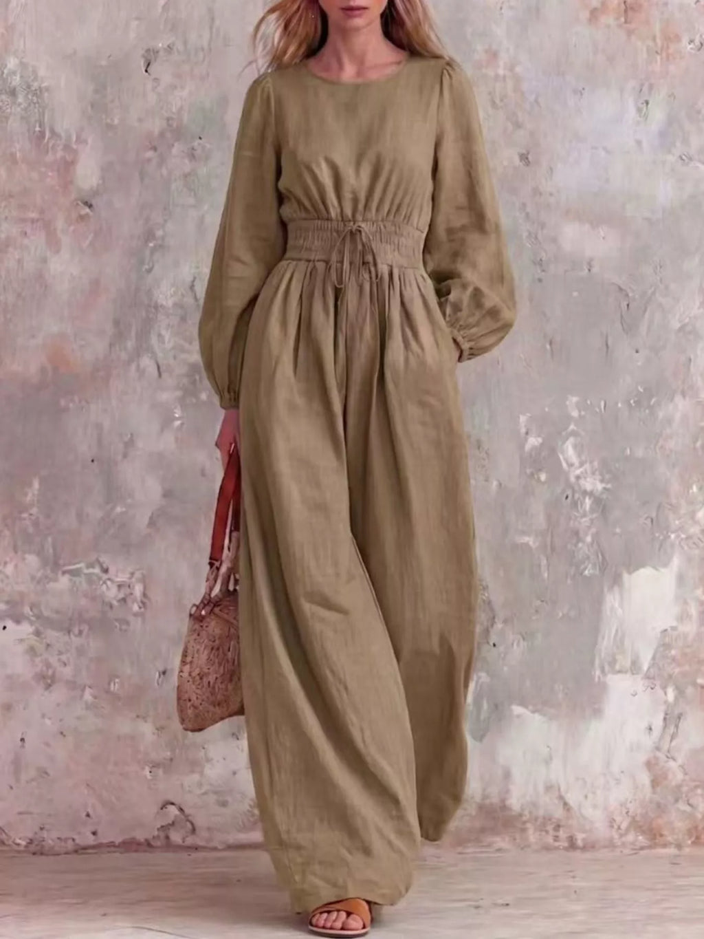 Smocked Waist Long Sleeve Jumpsuit
