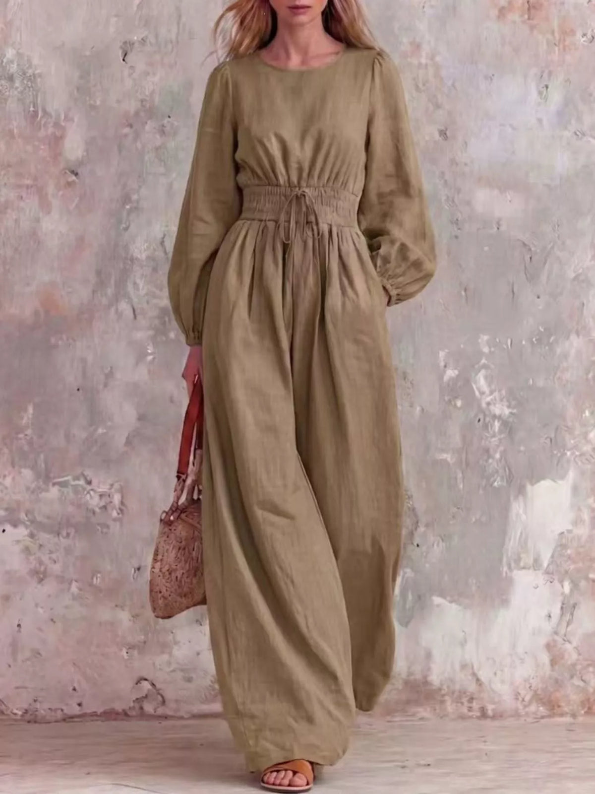 Smocked Waist Long Sleeve Jumpsuit