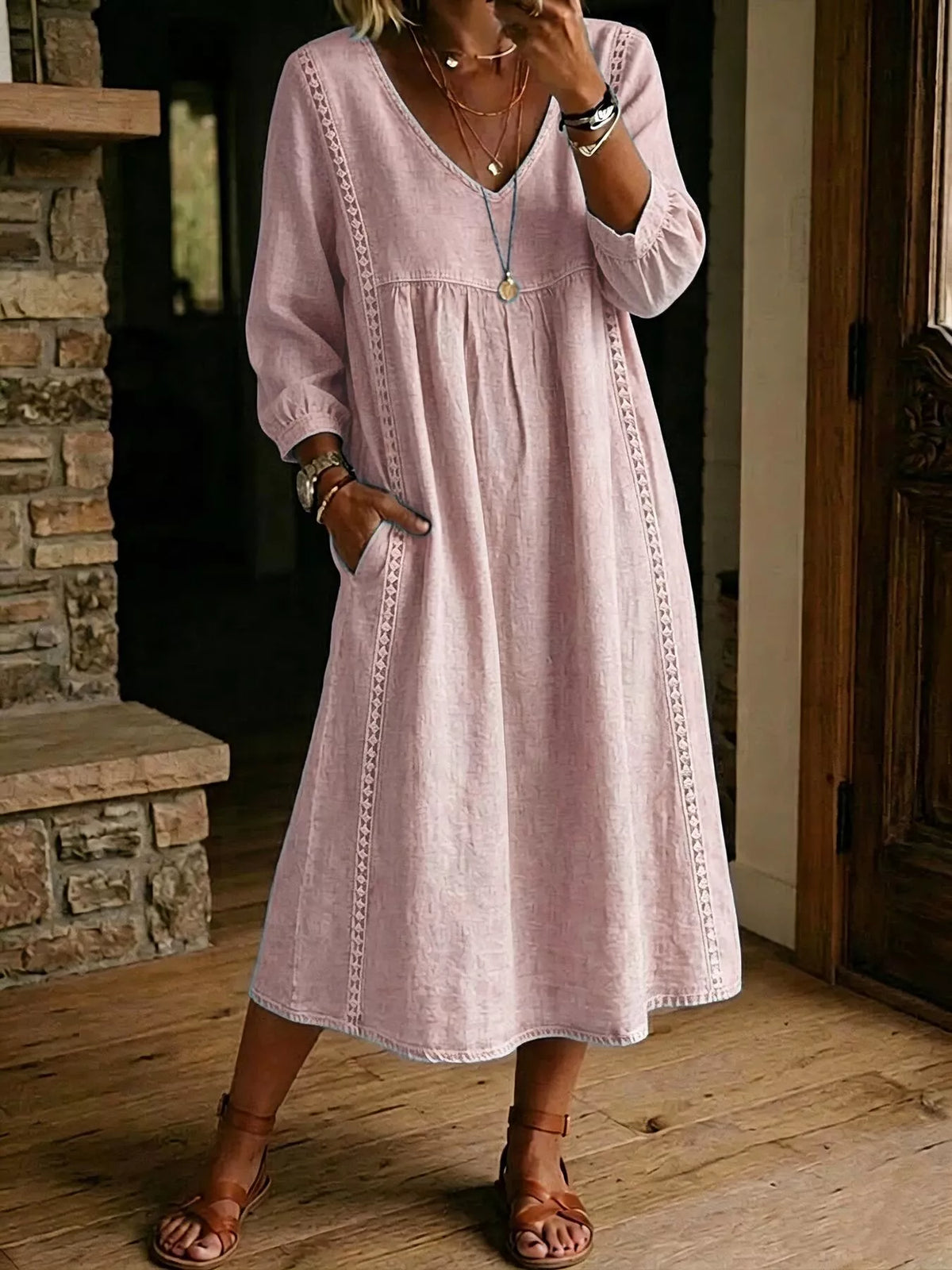 Lace Trim Long Sleeve Midi Dress