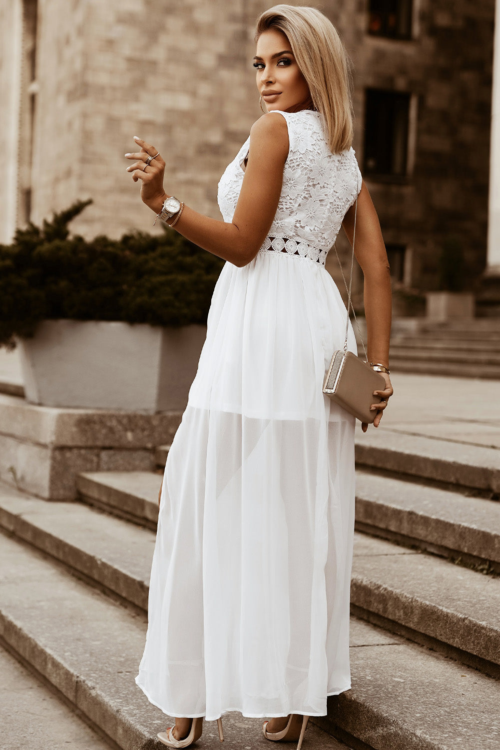 Slit Lace Detail V-Neck Dress 