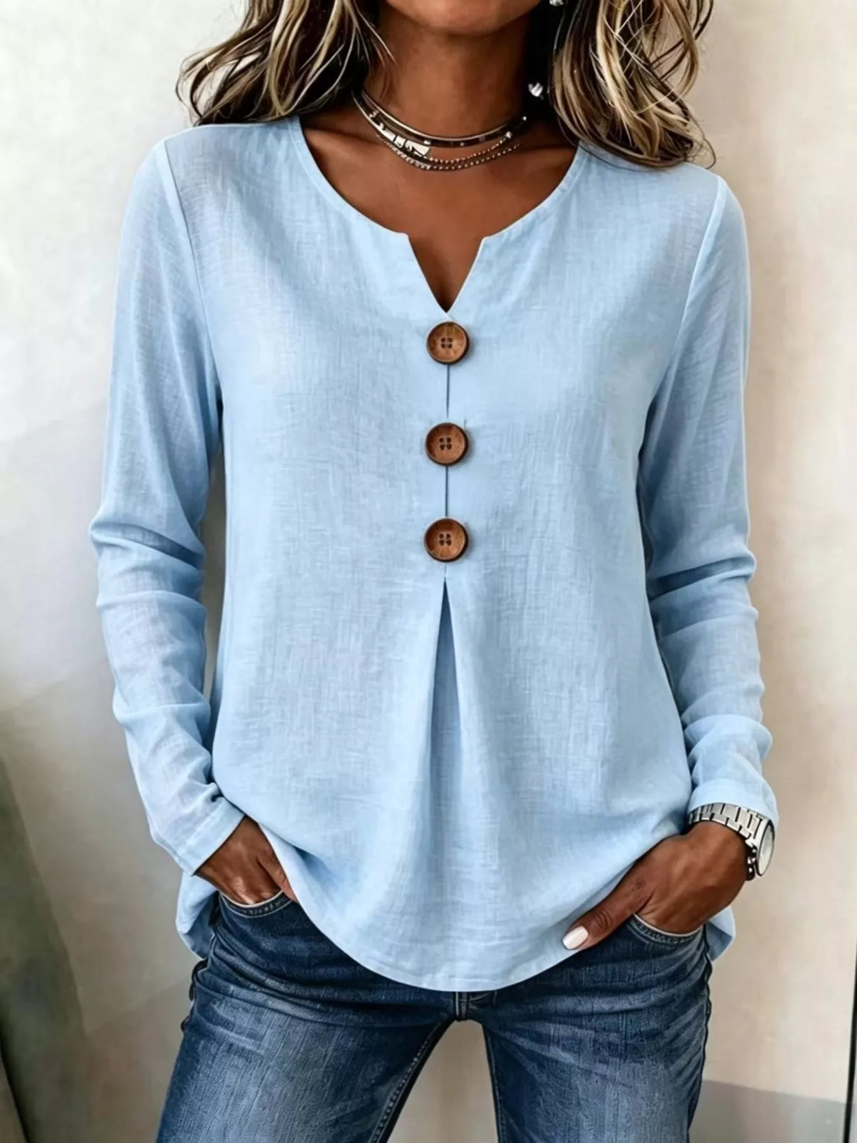 Decorative Button Long Sleeve Blouse