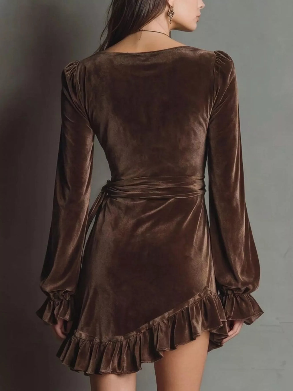 Velvet Surplice Flounce Sleeve Dress