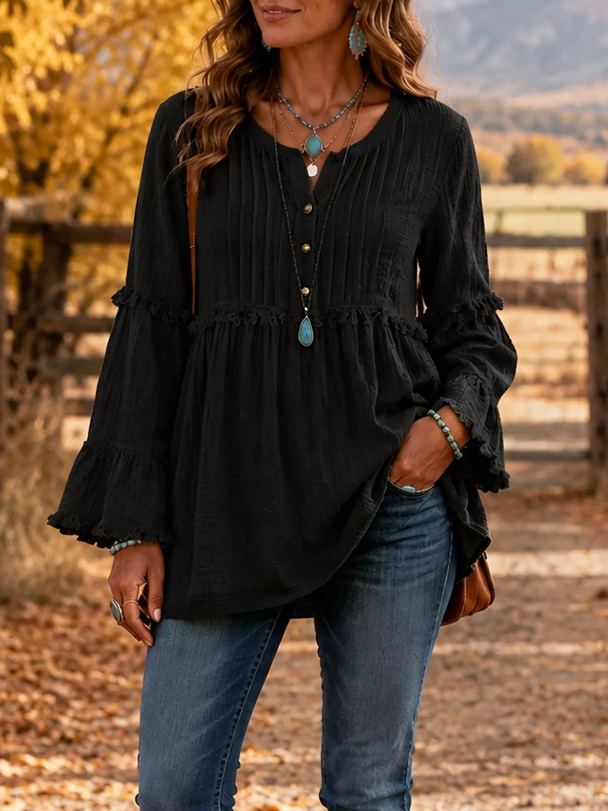 Fringe Trim Ruffle Sleeve Blouse