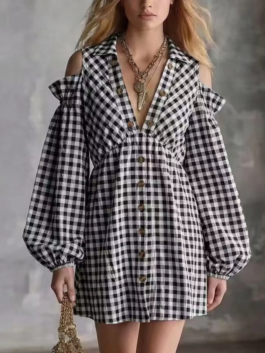 Gingham Cold-Shoulder Mini Dress