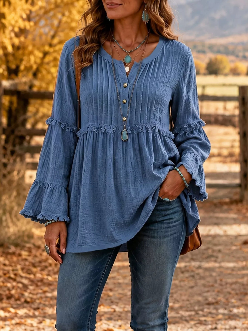 Fringe Trim Ruffle Sleeve Blouse