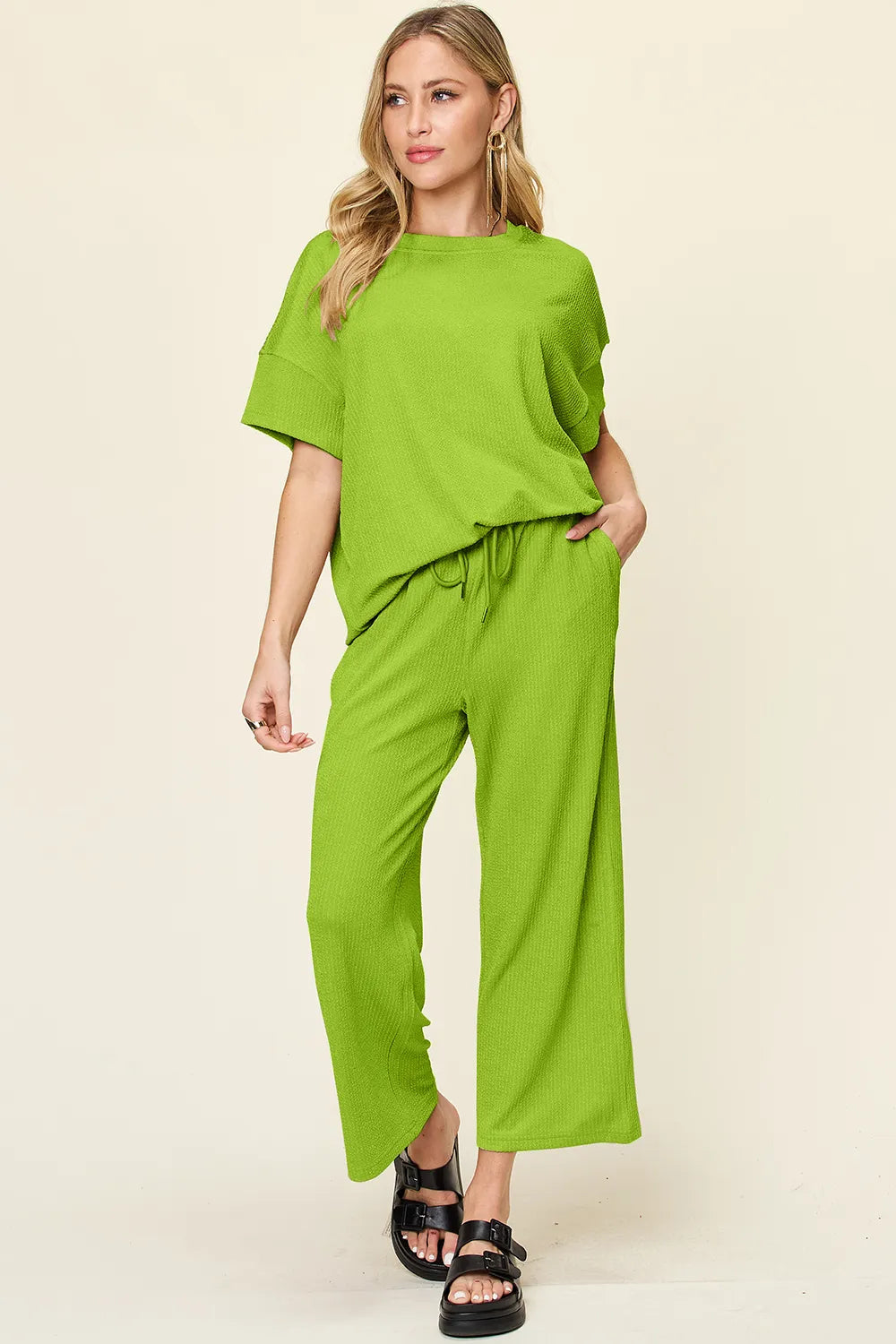Textured Tee & Wide Leg Pants Set