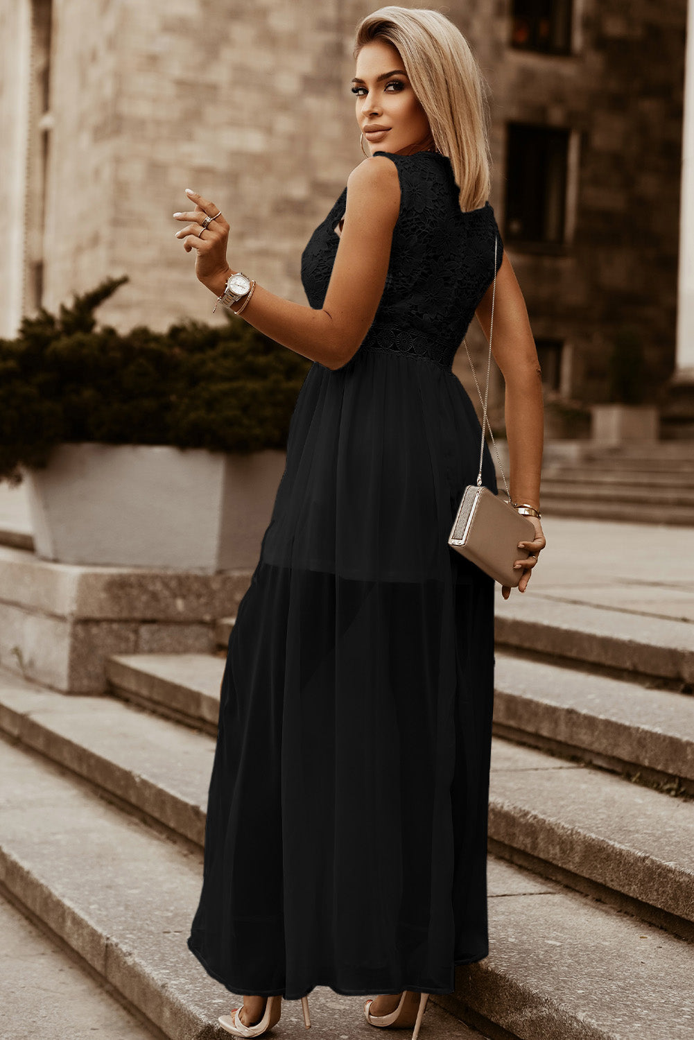 Slit Lace Detail V-Neck Dress 