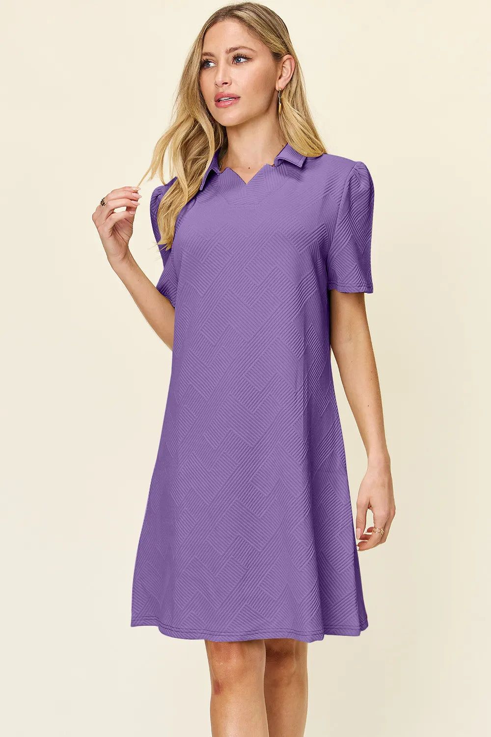 Textured Collared Short Sleeve Dress