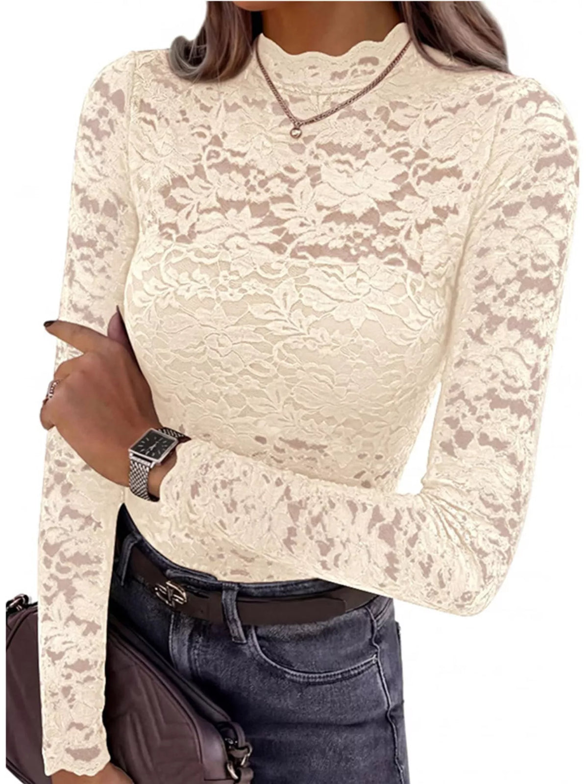 Mock Neck Floral Lace Blouse